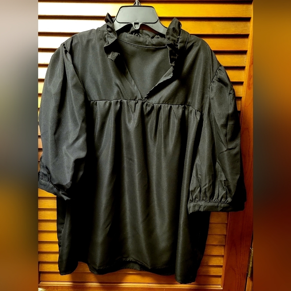 Black Ruffled Neckline Blouse XXL